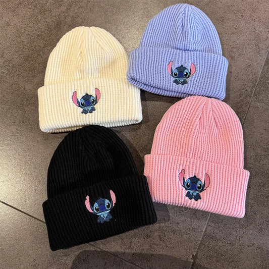 Anime Stitch Embroidered Thermal Cap Cartoon Cute Stitch Knitted Hat Kawaii Couple Dome Pullover Cap Boys Girls Outdoor Warm Hat