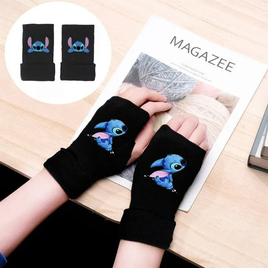 Cartoon Lilo and Stitch Cotton Gloves Cartoon Anime Figure Mittens Knitted Printing Fingerless Glove Winter Warm Student Writing